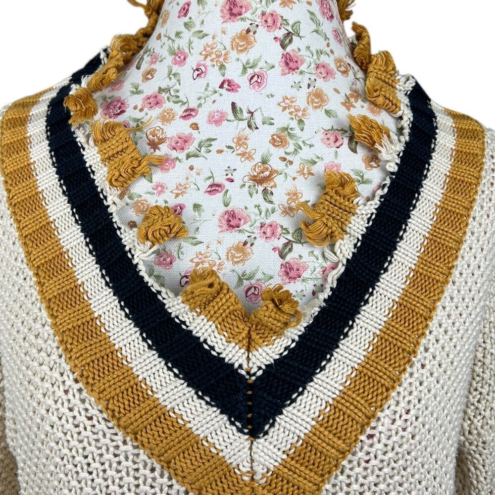 Elan Knit Distressed Fringe Frayed Varsity Stripe Sweater Blue Gold Cream Medium - Picture 6 of 7
